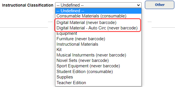 Instructional Classification drop-down with Digital Material circled.